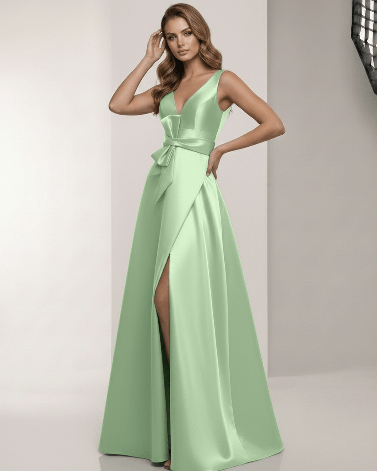 Elysia Maxi Dress featuring satin A-line design, V-neck elegance in soft green, by Lauven. Perfect for formal occasions.