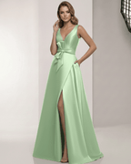 Elysia Maxi Dress - Satin A-Line Green Maxi Dress with V-Neck and elegant design by Lauven.