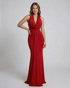 Elysia Maxi Dress by Lauven in red satin, featuring a draped halter neck and floor-length silhouette.
