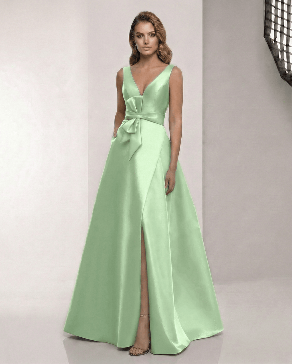 Elysia Maxi Dress - Satin A-Line in soft green with V-Neck, elevating elegance for formal occasions by Lauven.