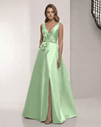 Elysia Maxi Dress - Satin A-Line in soft green with V-Neck, elevating elegance for formal occasions by Lauven.
