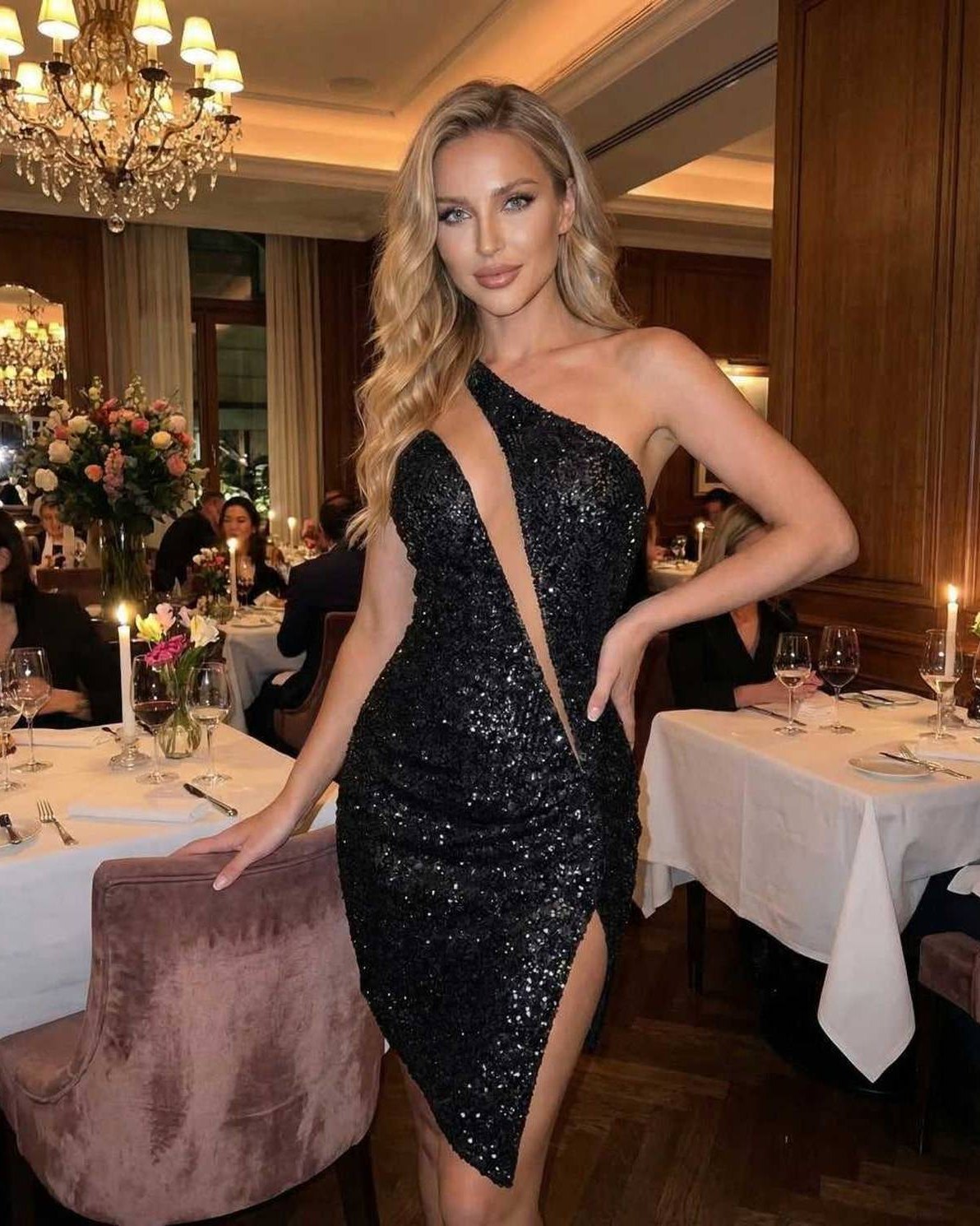 Elysia Mini Dress by Lauven, black sequin one-shoulder design with a deep slit, perfect for evening elegance.