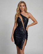 Elysia Mini Dress by Lauven featuring black sequins, one-shoulder design and deep front slit for a glamorous look.