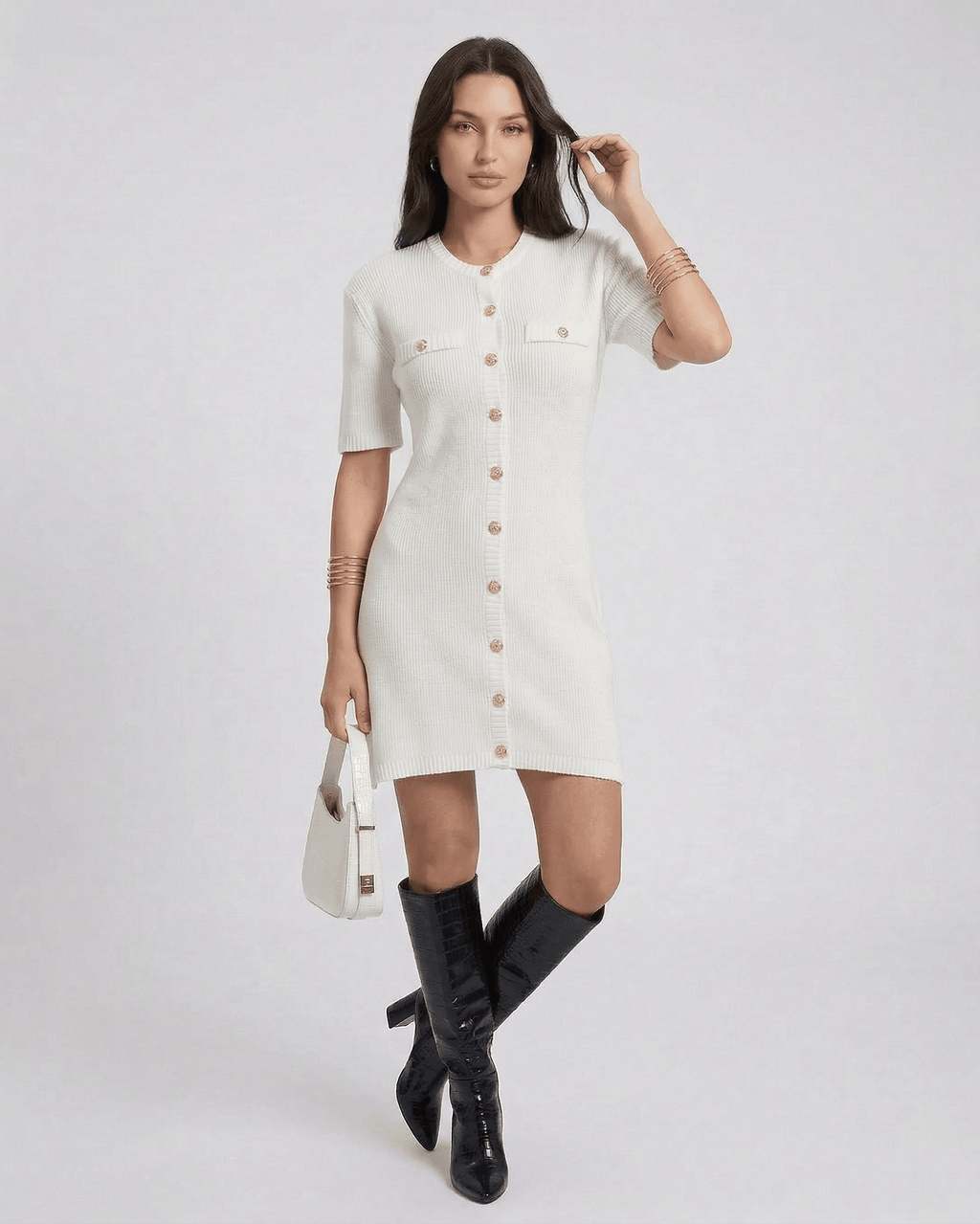 Elysia Mini Dress by Lauven featuring a chic button closure and half sleeves, ideal for casual elegance.