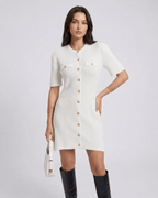 Elysia Mini Dress by Lauven, stylish white knit dress with button closure and short sleeves.