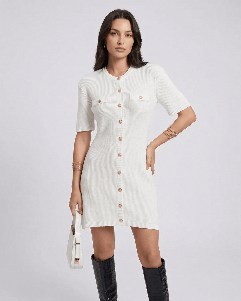 Elysia Mini Dress by Lauven, stylish white knit dress with button closure and short sleeves.