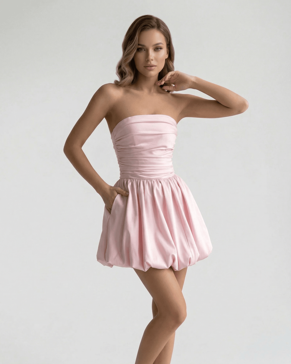 Elysia Mini Dress by Lauven – Elegant strapless pink A-line mini dress with pockets for a chic summer style.
