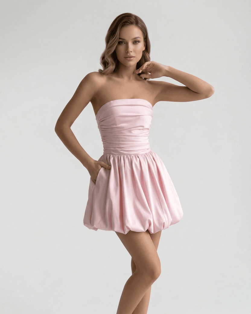 Elysia Mini Dress by Lauven – Elegant strapless pink A-line mini dress with pockets for a chic summer style.
