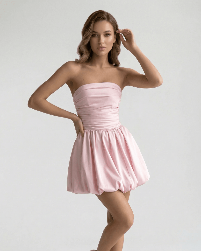 Elysia Mini Dress by Lauven – Elegant strapless pink A-line mini dress with a flattering silhouette.