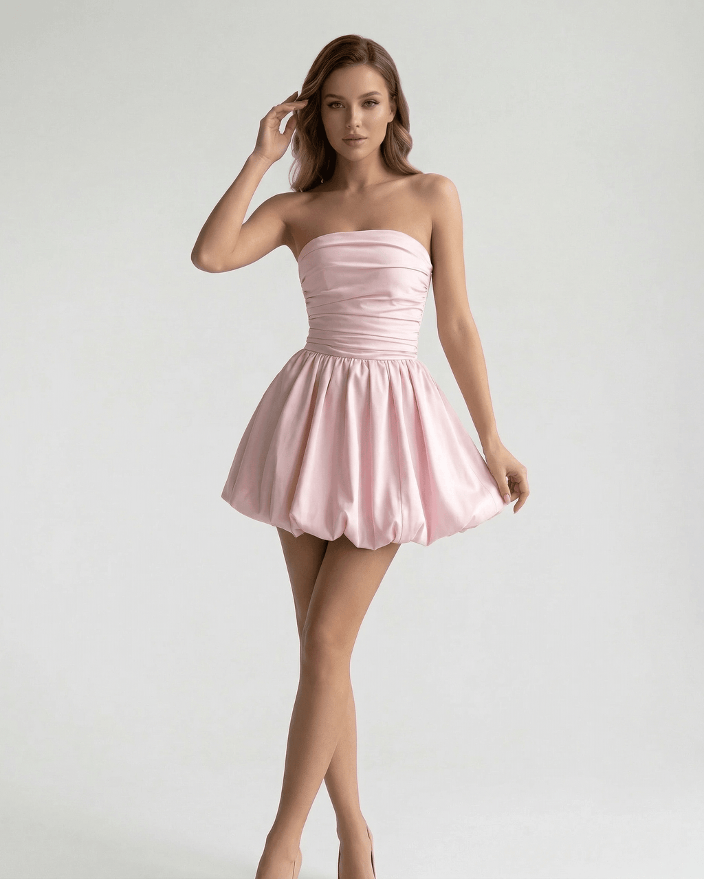 Elysia Mini Dress by Lauven, a strapless pink A-line mini dress with a flattering silhouette and comfortable fit.