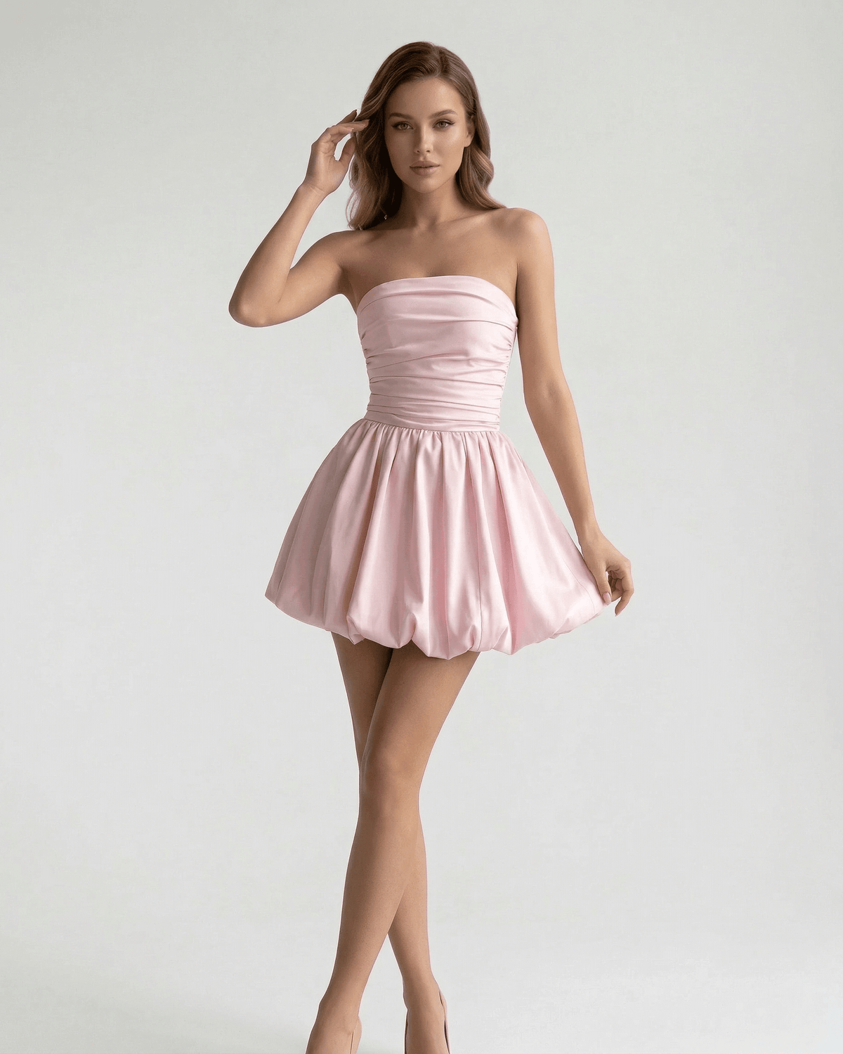 Elysia Mini Dress by Lauven, a strapless pink A-line mini dress with a flattering silhouette and comfortable fit.