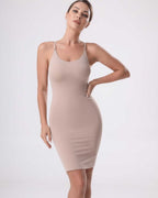 Lauven Elysia Mini Dress with ribbed knit, side slit, and flattering fit in a stylish nude color.