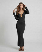 Elysian Maxi Dress by Lauven, sleek black sheath silhouette with deep V-neckline and statement ring detail.