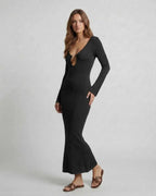 Elysian Maxi Dress by Lauven - Sleek black sheath dress with a deep V-neckline and statement ring accent.