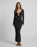 Elysian Maxi Dress by Lauven, sleek black sheath dress with deep V-neckline and statement ring accent.