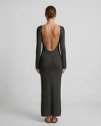 Elysian Maxi Dress by Lauven, showcasing a sleek backless design with full-length sleeves in a luxurious, fitted silhouette.