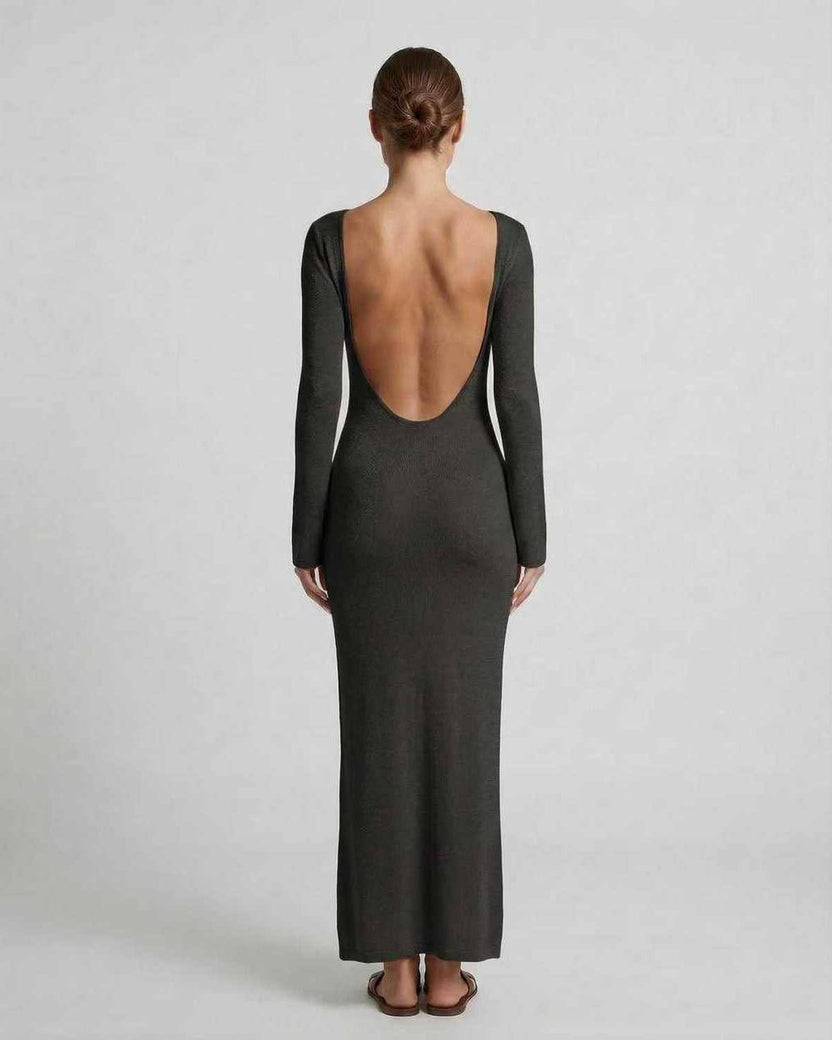 Elysian Maxi Dress by Lauven, showcasing a sleek backless design with full-length sleeves in a luxurious, fitted silhouette.