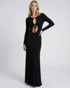 Elysian Maxi Dress by Lauven, sleek black cotton blend with hollow-out details, showcasing a modern silhouette.