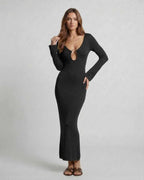 Elysian Maxi Dress by Lauven, sleek black sheath with statement ring accent and deep V-neckline.