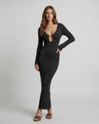 Elysian Maxi Dress by Lauven - Sleek black sheath with deep V-neck and statement ring accent.