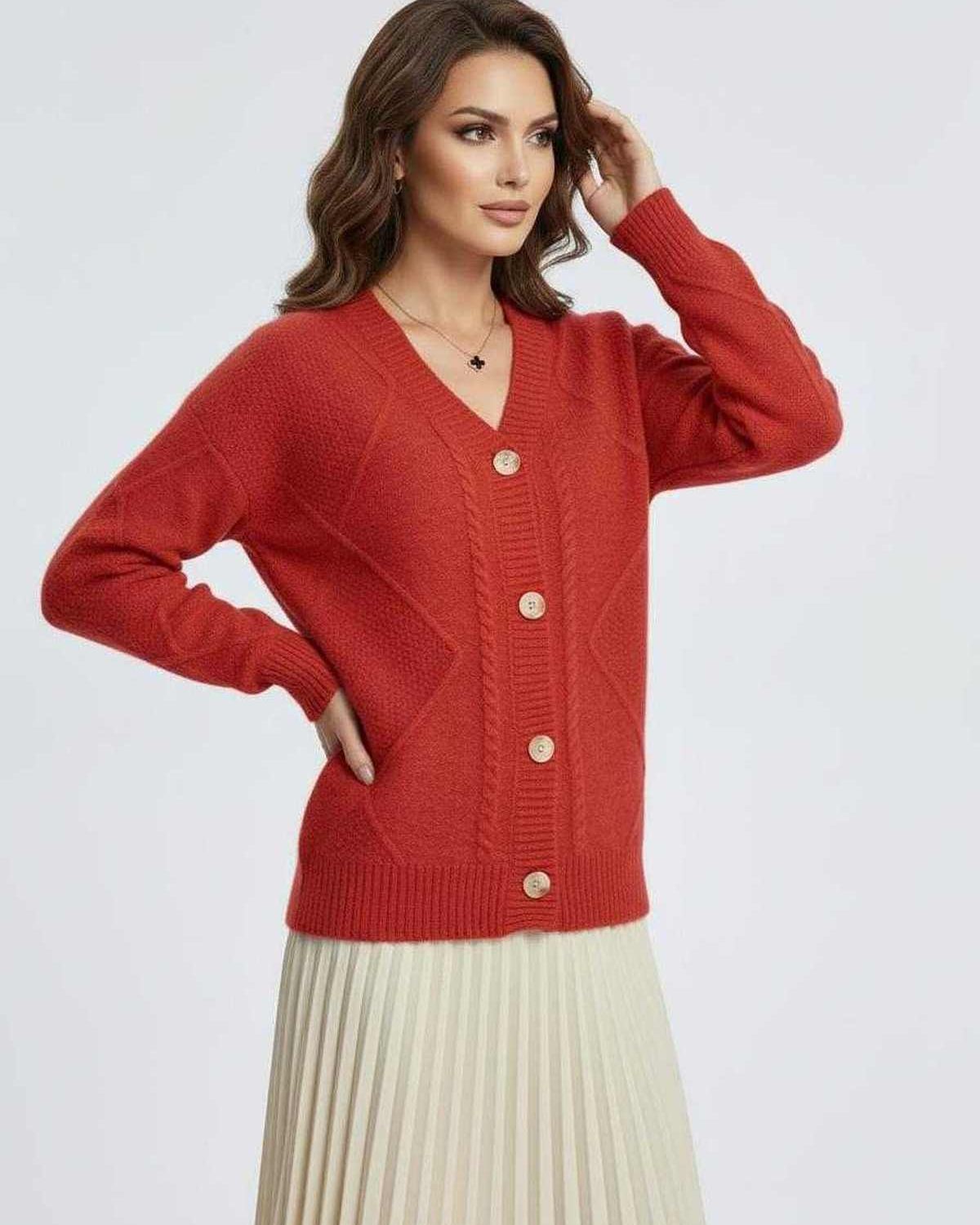 Ember Cardigan by Lauven in vibrant red with long sleeves and button-down front, showcasing a stylish silhouette.