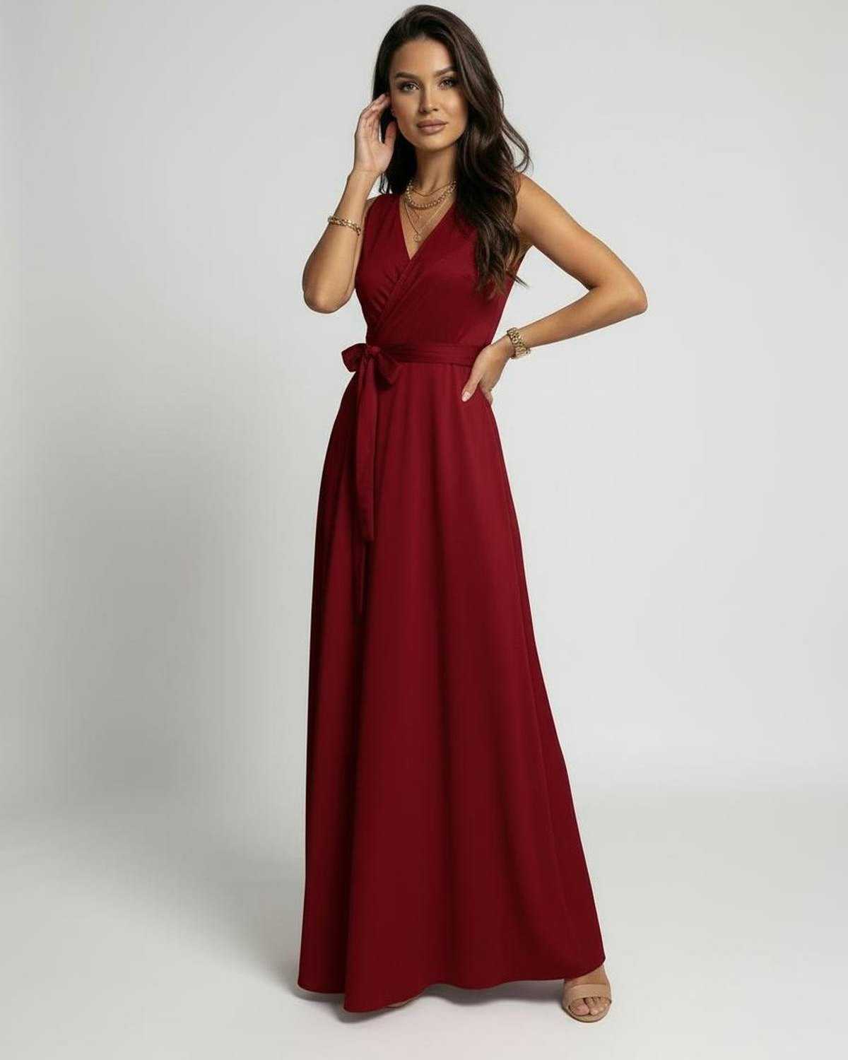 Ember Maxi Dress by Lauven in vibrant red with a classic V-neck and flowing silhouette, perfect for elegant occasions.