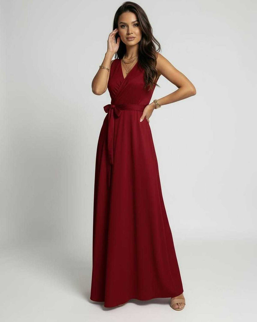Ember Maxi Dress by Lauven in vibrant red with a classic V-neck and flowing silhouette, perfect for elegant occasions.