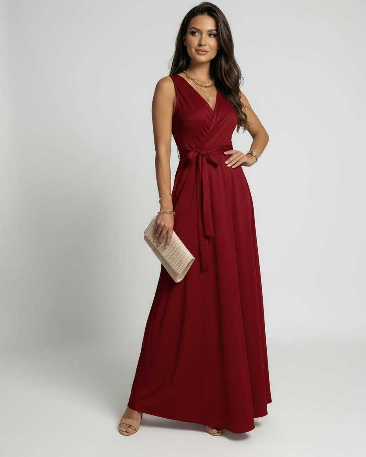 Ember Maxi Dress by Lauven in vibrant red with a classic V-neck silhouette and flowing design.