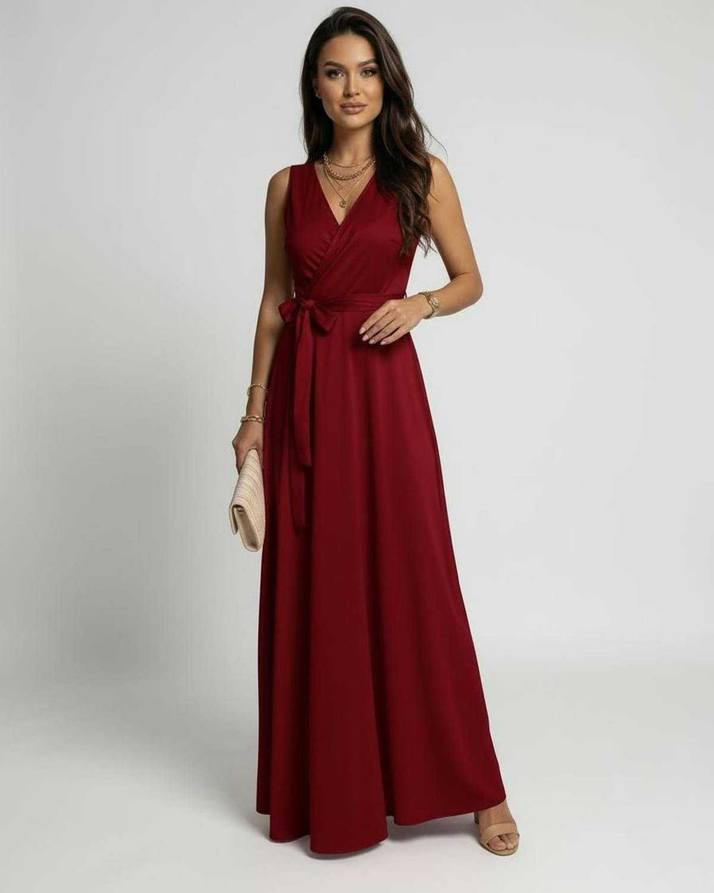 Ember Maxi Dress by Lauven in vibrant red, featuring a classic V-neck and flowing silhouette.