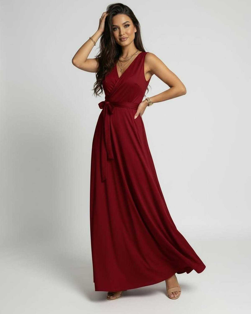 Ember Maxi Dress by Lauven in vibrant red, featuring a classic V-neck and wrap-style silhouette.