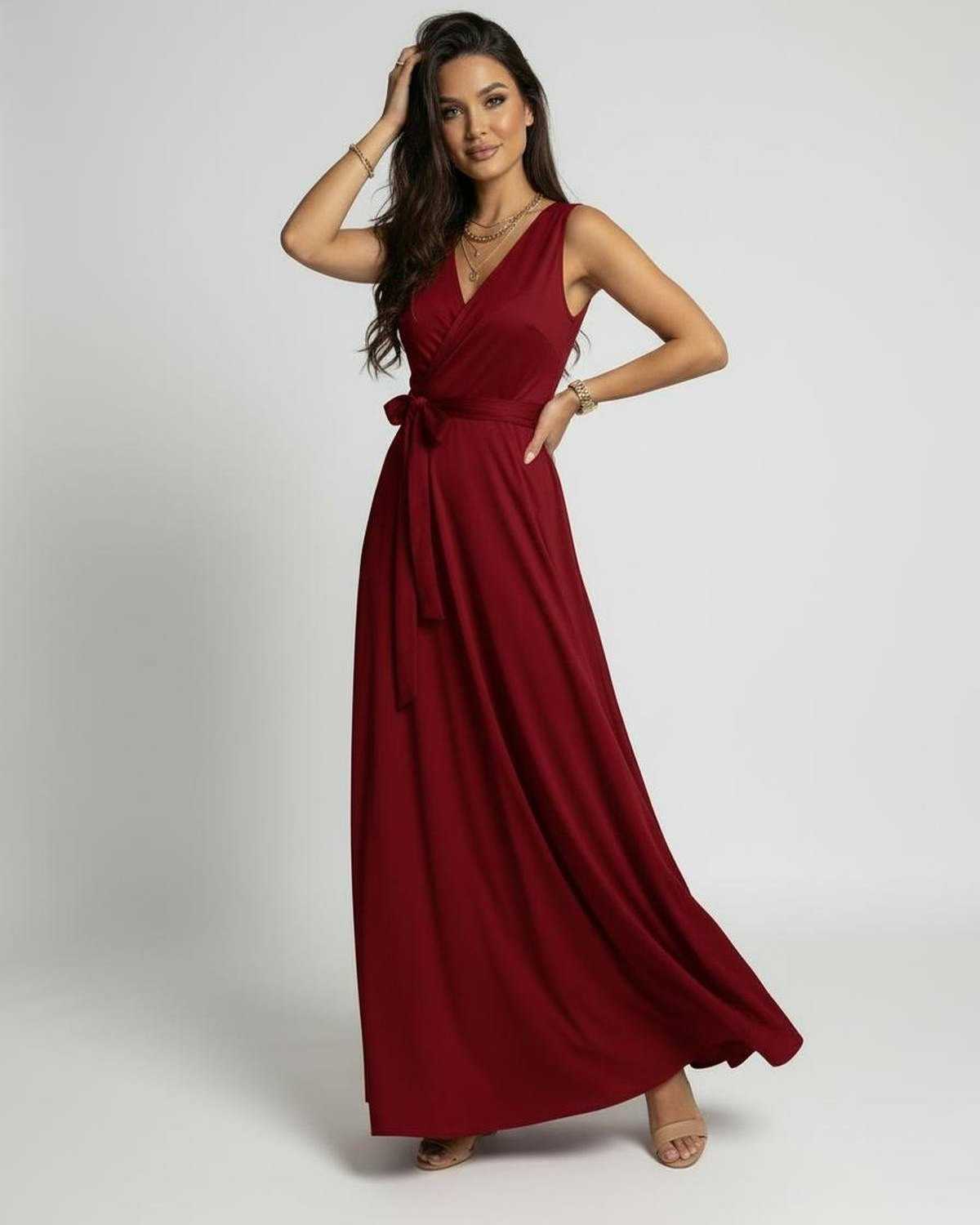Ember Maxi Dress by Lauven in vibrant red, featuring a classic V-neck and wrap-style silhouette.