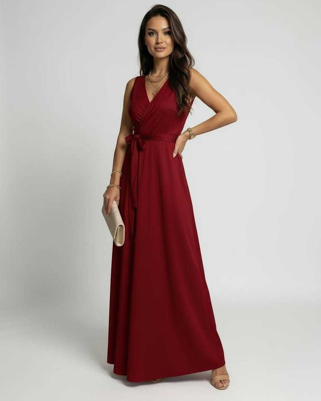 Ember Maxi Dress by Lauven in vibrant red, featuring a classic V-neck and elegant flowing silhouette.