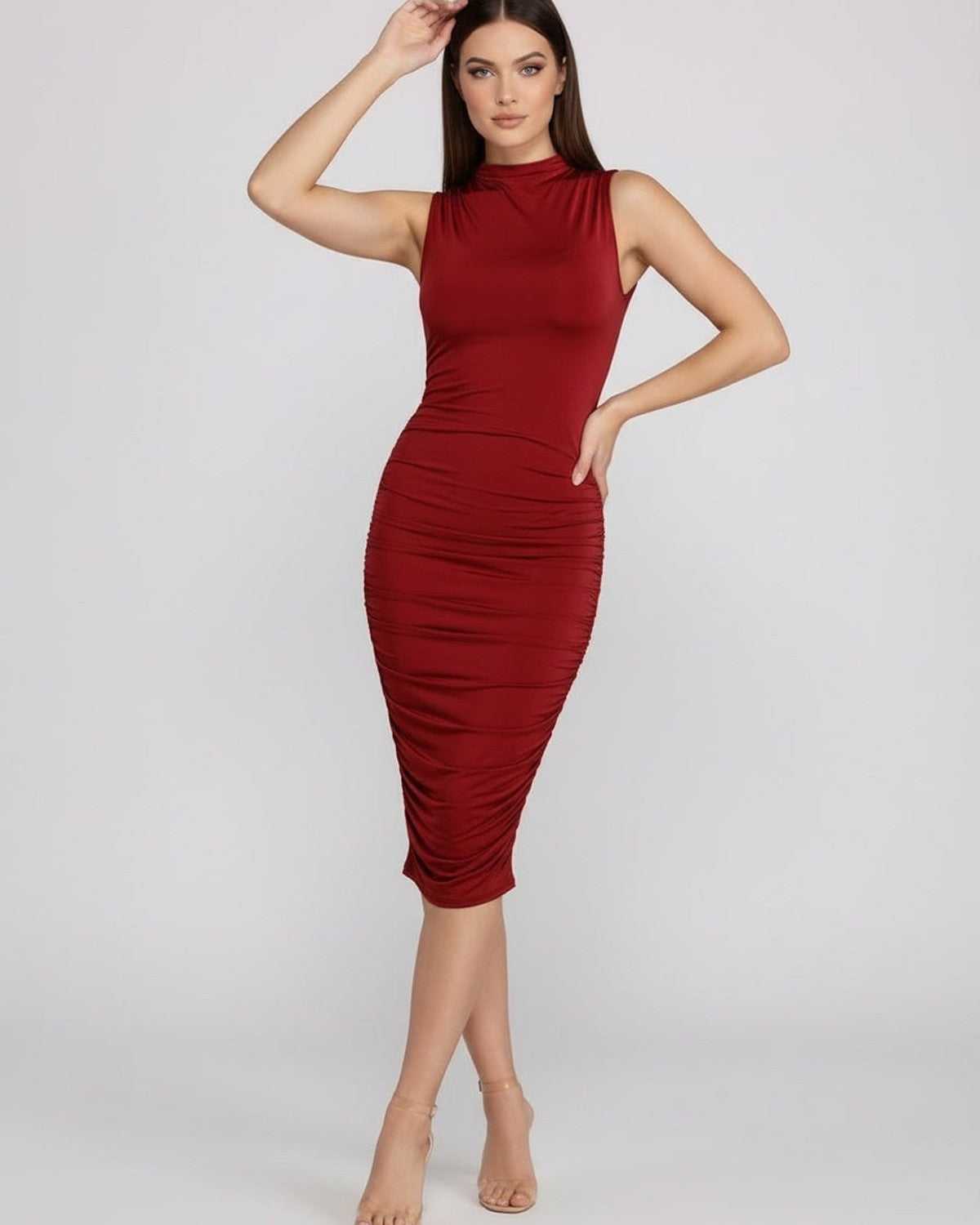 Ember Midi Dress by Lauven, sophisticated ruched knit dress with mock neck, form-fitting silhouette, and elegant detailing.
