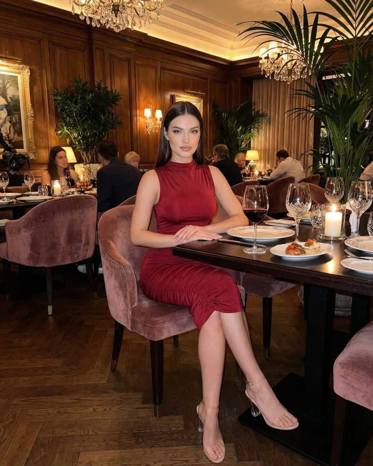 Ember Midi Dress by Lauven, sophisticated ruched knit dress with mock neck, perfect for elegant dining settings.