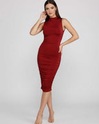 Lauven Ember Midi Dress in red, featuring a sophisticated ruched design, form-fitting silhouette, and mock neck.
