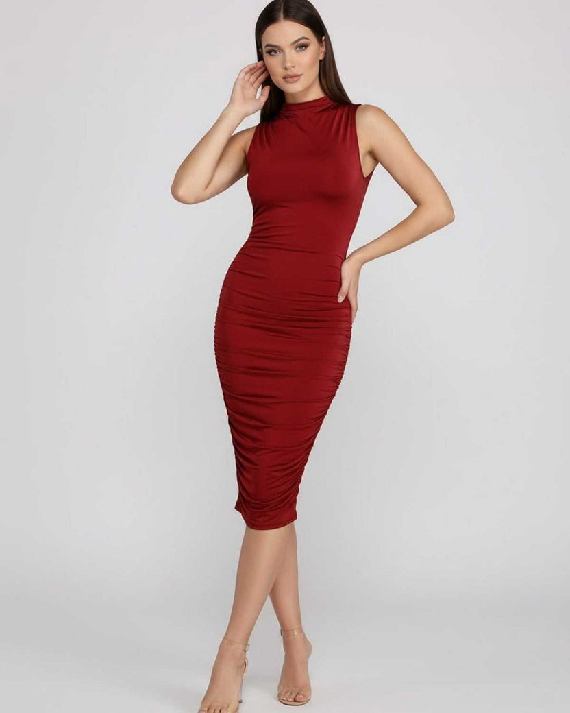 Lauven Ember Midi Dress in red, featuring a sophisticated ruched design, form-fitting silhouette, and mock neck.