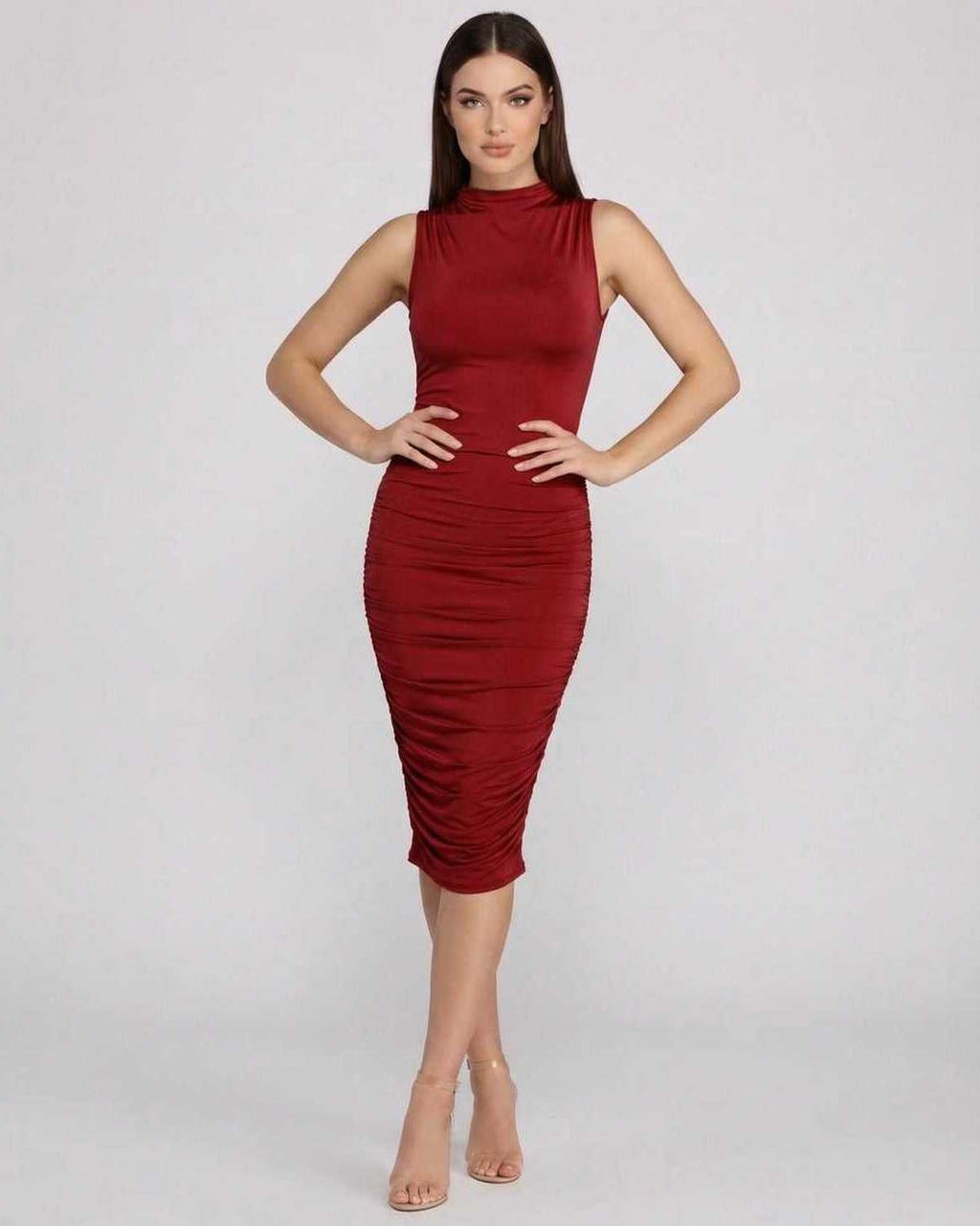 Lauven Ember Midi Dress in red, featuring sophisticated ruched knit design and mock neck for a stylish silhouette.