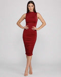 Lauven Ember Midi Dress in red, featuring sophisticated ruched knit design and mock neck for a stylish silhouette.