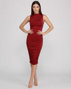 Lauven Ember Midi Dress in red, featuring sophisticated ruched knit design and mock neck for a stylish silhouette.