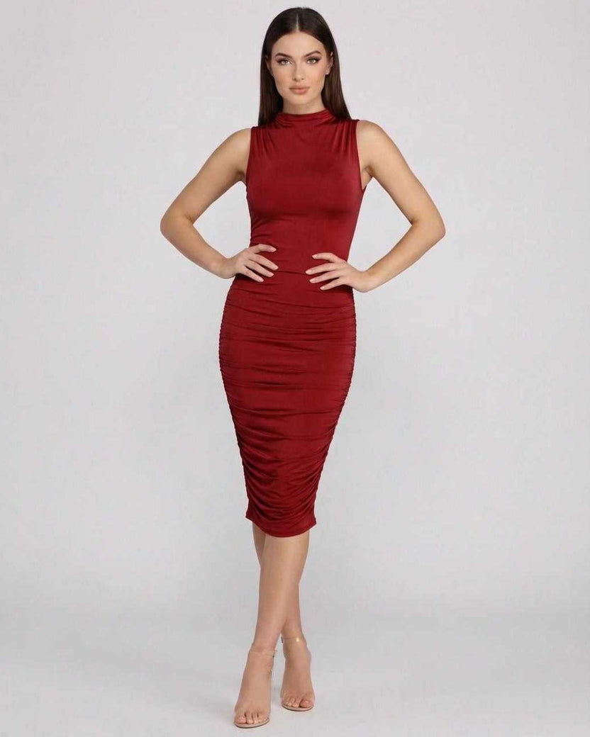 Lauven Ember Midi Dress in red, featuring sophisticated ruched knit design and mock neck for a stylish silhouette.