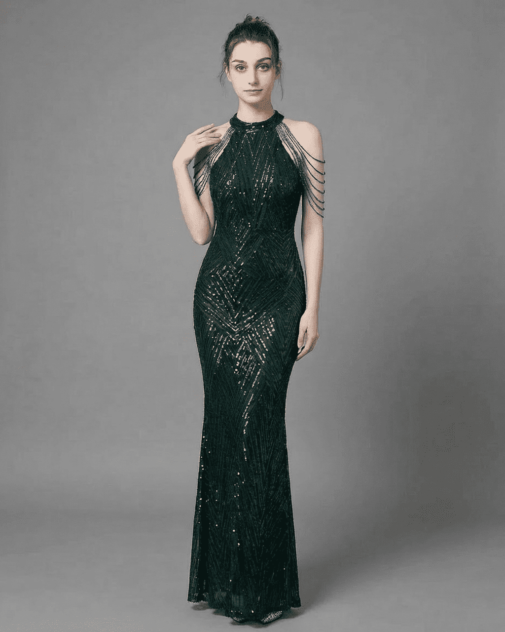 Emerald Maxi Dress by Lauven in rich green velvet with sequin details and halter neckline, showcasing sophisticated mermaid silhouette.