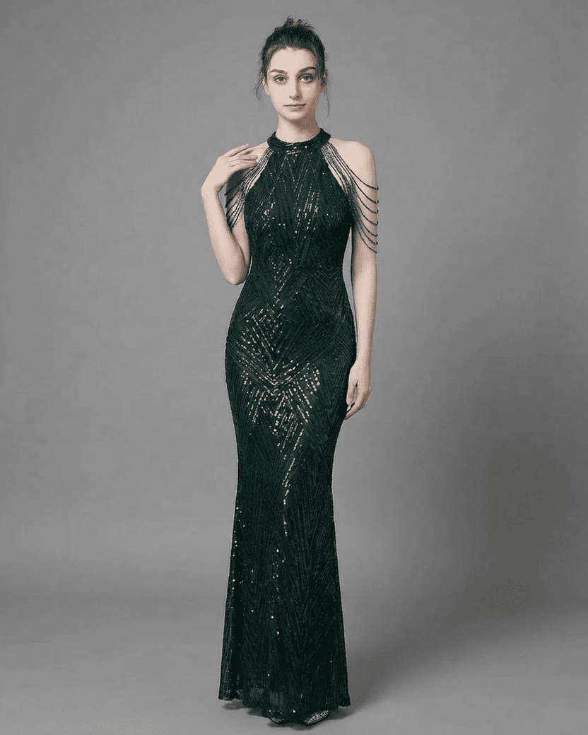 Emerald Maxi Dress by Lauven in rich green velvet with sequin details and halter neckline, showcasing sophisticated mermaid silhouette.