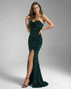 Emerald Maxi Dress by Lauven featuring a green sequin strapless silhouette with a high slit.
