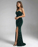 Emerald Maxi Dress by Lauven, green sequin dress with strapless design and elegant silhouette.