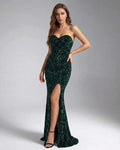 Emerald Maxi Dress by Lauven – Green sequined strapless gown with elegant silhouette and slit.