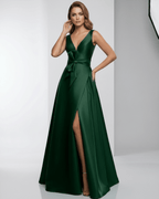 Emerald Maxi Dress by Lauven, satin A-line silhouette with V-neck, elegant floor-length design, perfect for formal occasions.