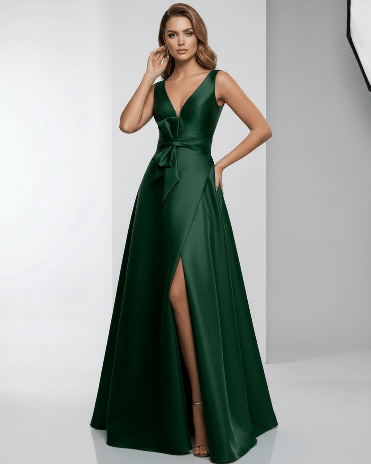 Emerald Maxi Dress by Lauven, satin A-line silhouette with V-neck, elegant floor-length design, perfect for formal occasions.