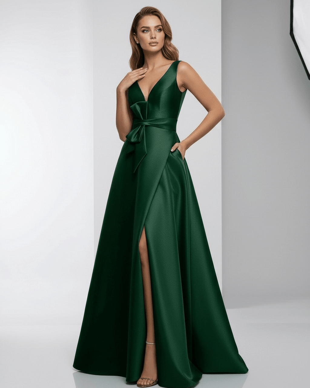 Emerald Maxi Dress featuring satin fabric, A-line silhouette, deep V-neck, elegant design by Lauven.