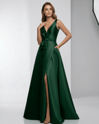Emerald Maxi Dress featuring satin fabric, A-line silhouette, deep V-neck, elegant design by Lauven.