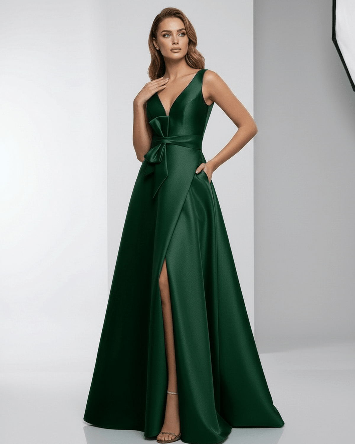 Emerald Maxi Dress featuring satin fabric, A-line silhouette, deep V-neck, elegant design by Lauven.